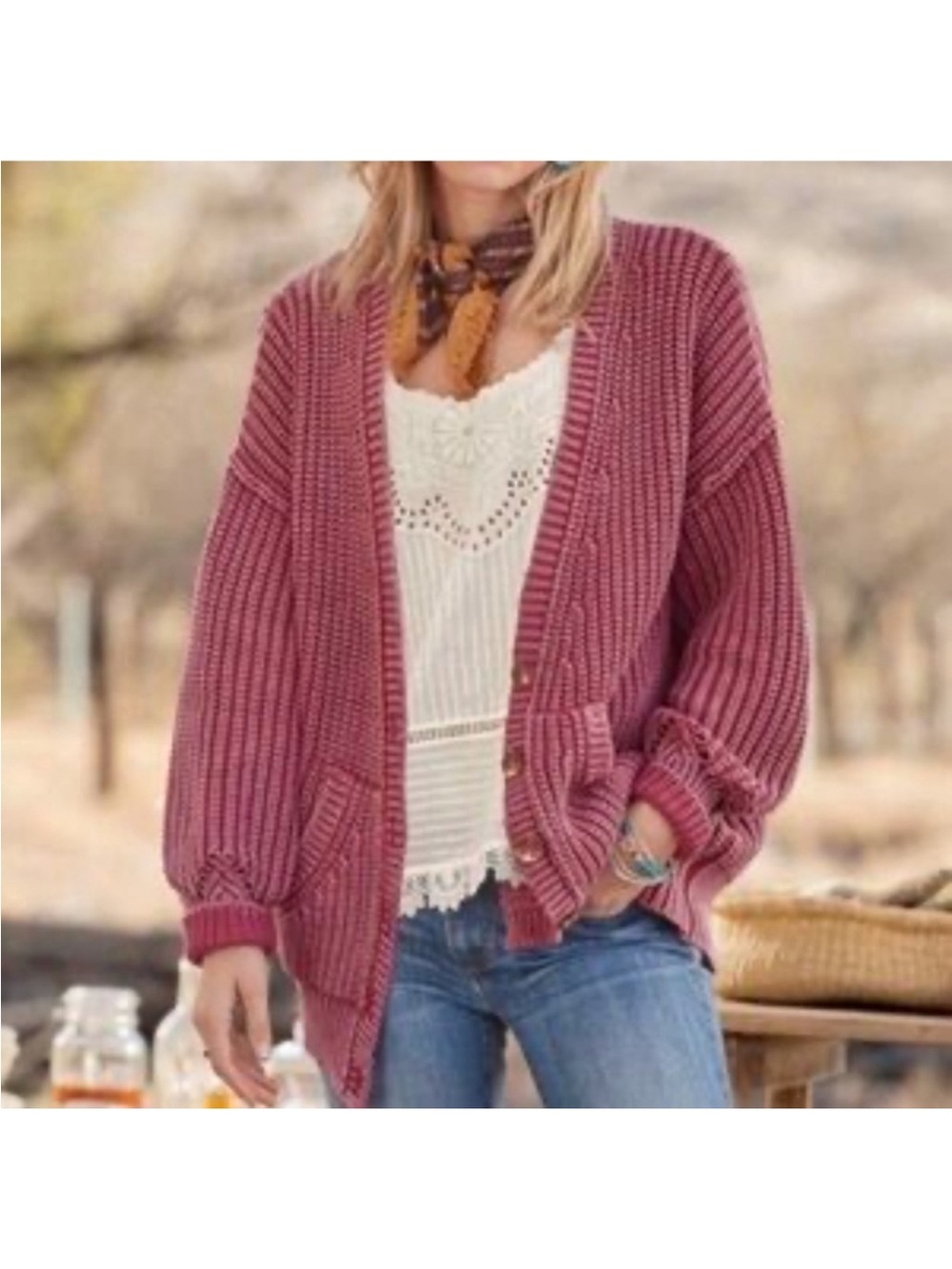 Sundance pink 100% cotton oversized knit chunky cardigan size M